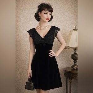 Vintage NWT Armani Collezioni Lace Velvet Bow Black Cocktail Mini Dress Size 4